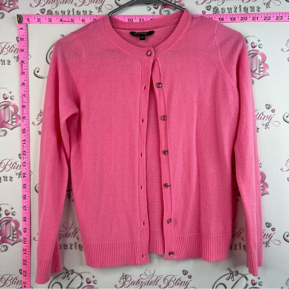 George rhinestone Classic Pink Crewneck Button Cardigan Sweater Gold Accents